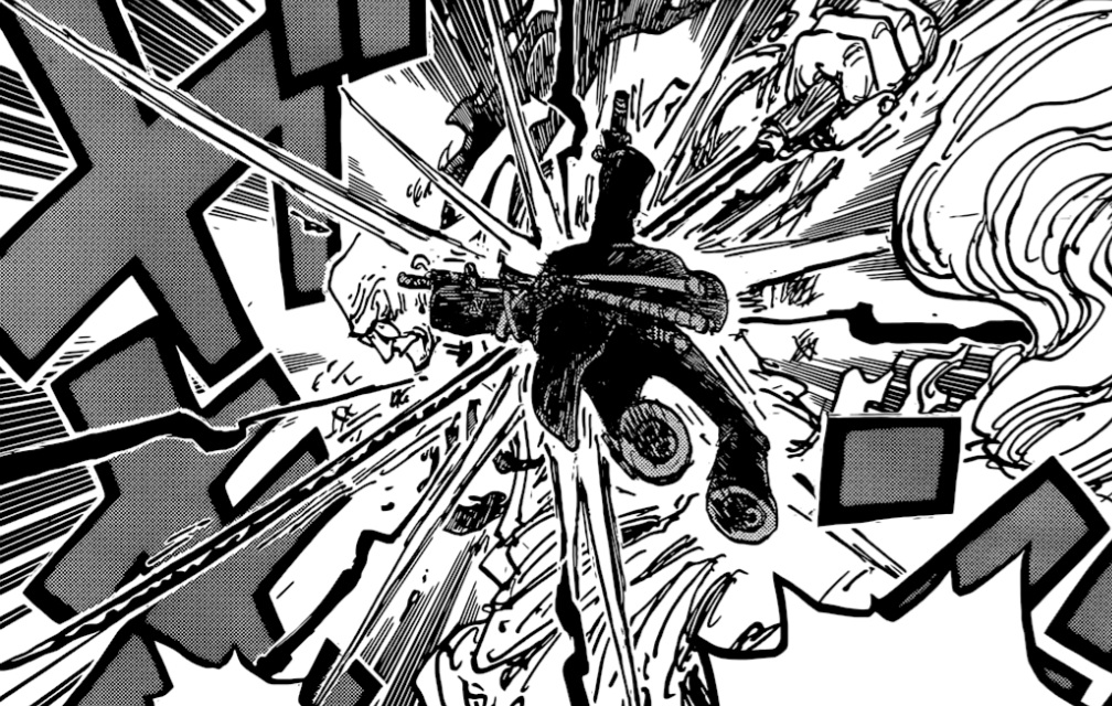 Zoro memblokir serangan Gorosei Nusjuro ke arah Thousand Sunny.