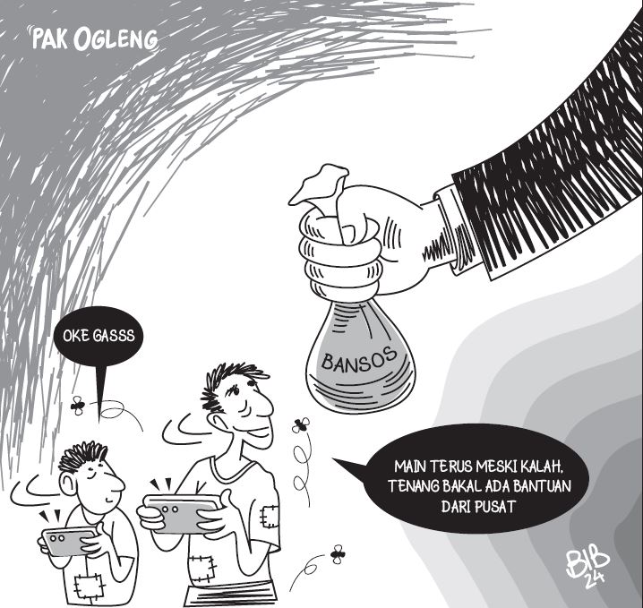 Pak Ogleng dan judol. (ILUSTRASI HABIB/JAWA POS RADAR PONOROGO)