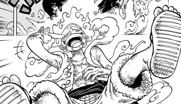Luffy dalam mode Gear 5 Nika tertawa terpingkal-pingkal.