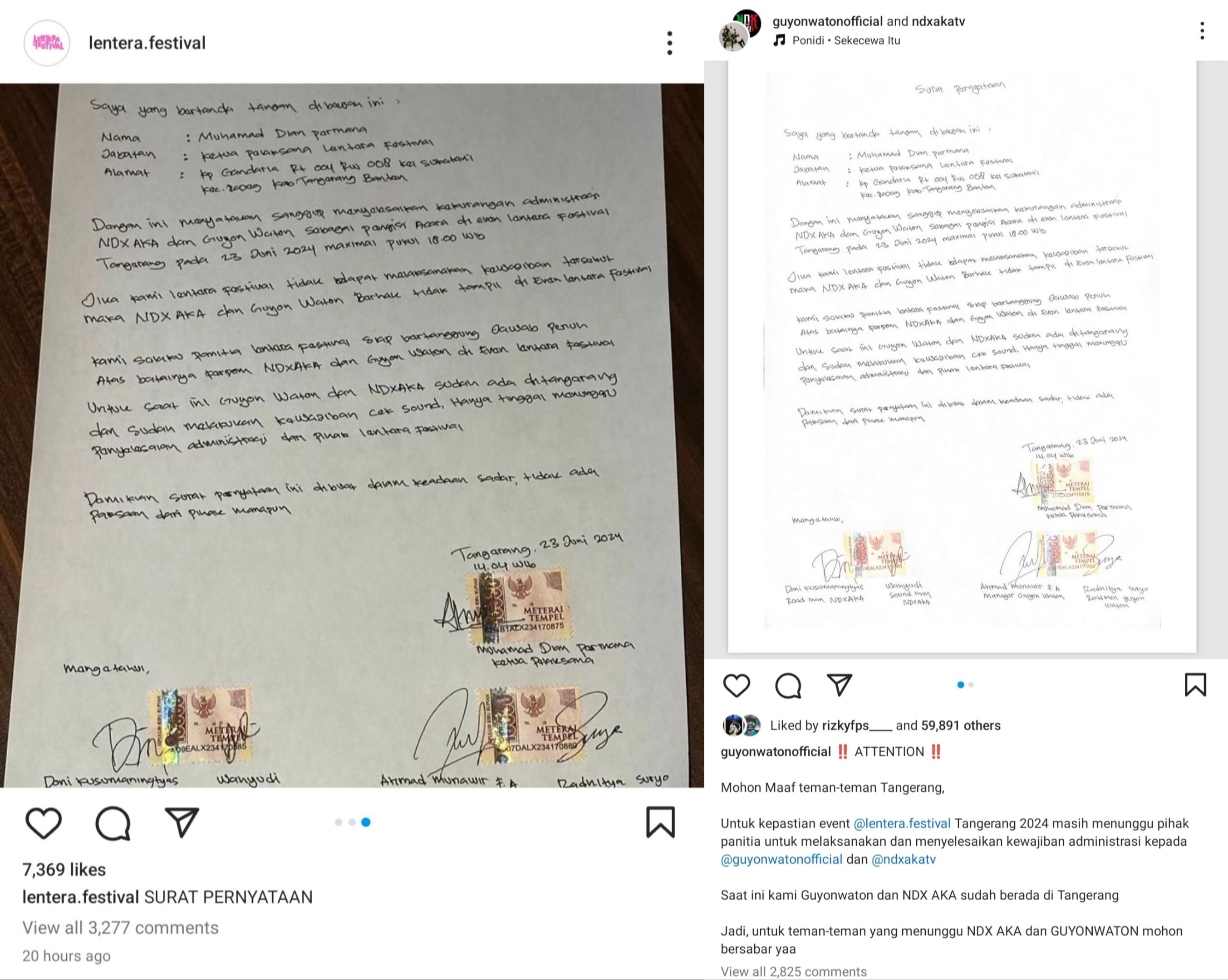 Artis Tak Kunjung Datang, Panggung Konser Lentera Festival di Bakar Penonton, Berikut Pernyataan dari Panitia dan Artis.&nbsp;(KOLASE Ig @lentera.festival dan @guyonwatonofficial)