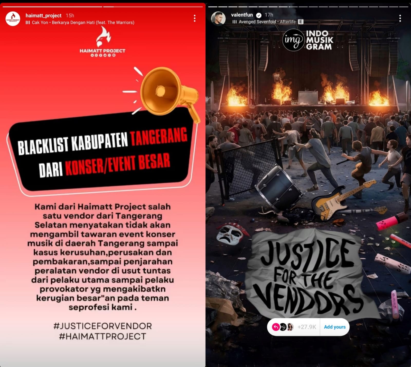 Update Viral Tagar Justice for Vendor, Berbagai Artis dan Pemilik Vendor Lain Ikut Mengawal Kasus Ricuh Konser di Tangerang. (KOLASE IG&nbsp;@haimatt_project; @valentfun)