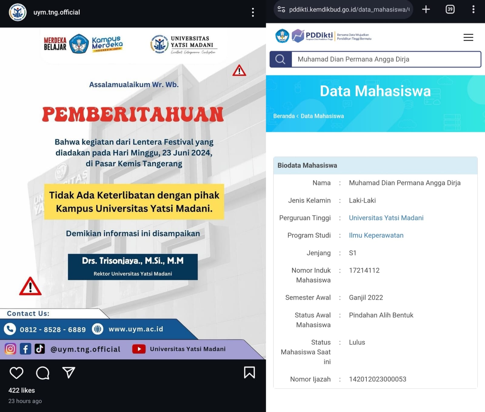 Klarifikasi Kampus UYM Terkait Video Viral Kericuhan Konser di Tangerang, Kabarnya Pelaku Lulusan Ilmu Keperawatan. (KOLASE IG&nbsp;@uym.tng.official-website PDDikti)&nbsp;