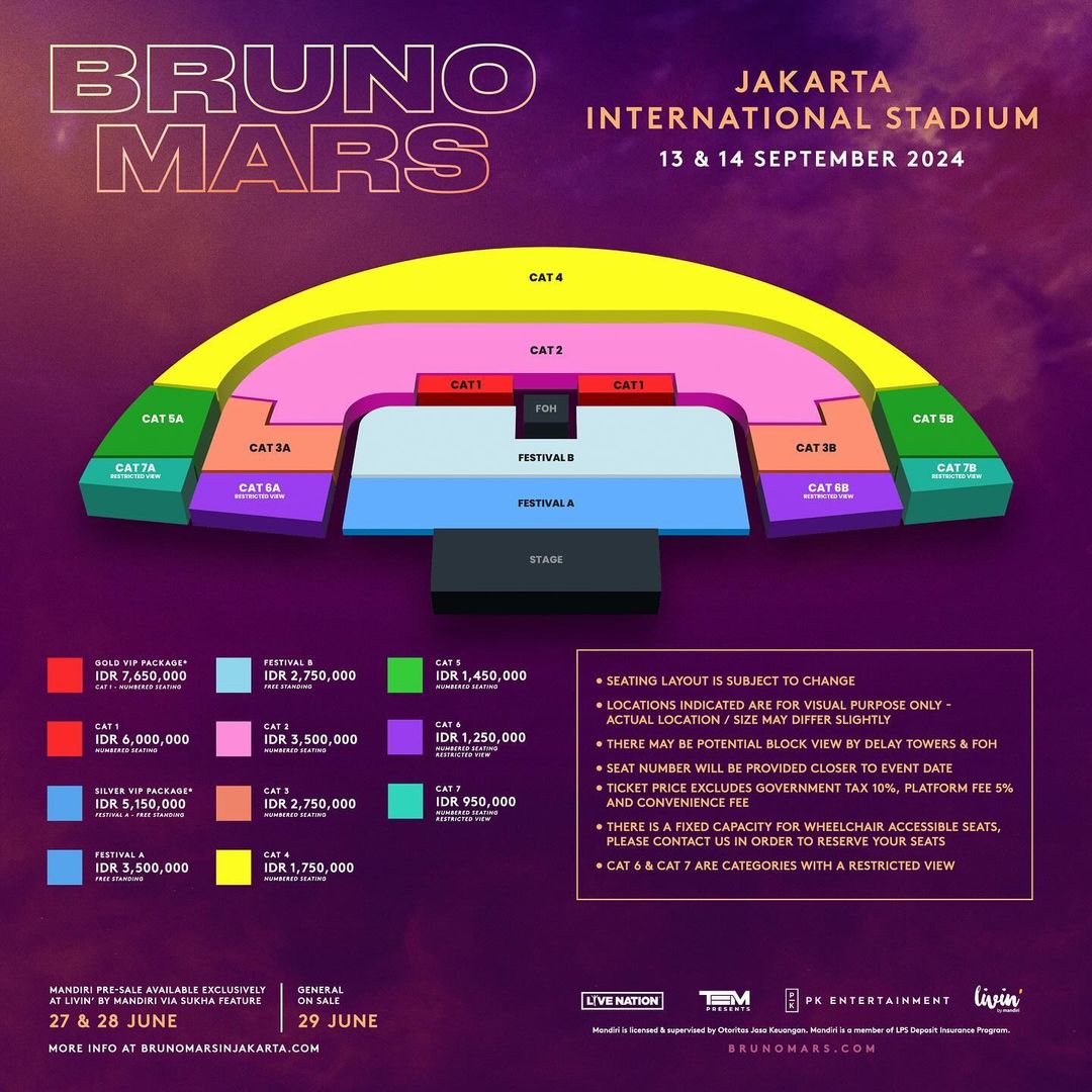 Map venue dan daftar harga konser Bruno Mars in Jakarta (Instagram @pkentertaiment.id)