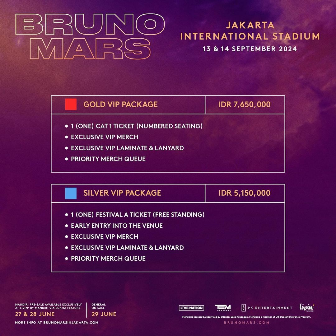 Daftar Harga Tiket VIP Konser Bruno Mars di Jakarta (Instagram @pkentertainment)