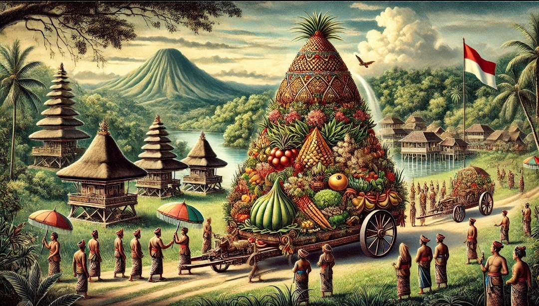 Ilustrasi larung sesaji di Telaga Sarangan, Magetan, Jawa Timur. (AI GENERATED-CHATGPT/JAWA POS RADAR LAWU)