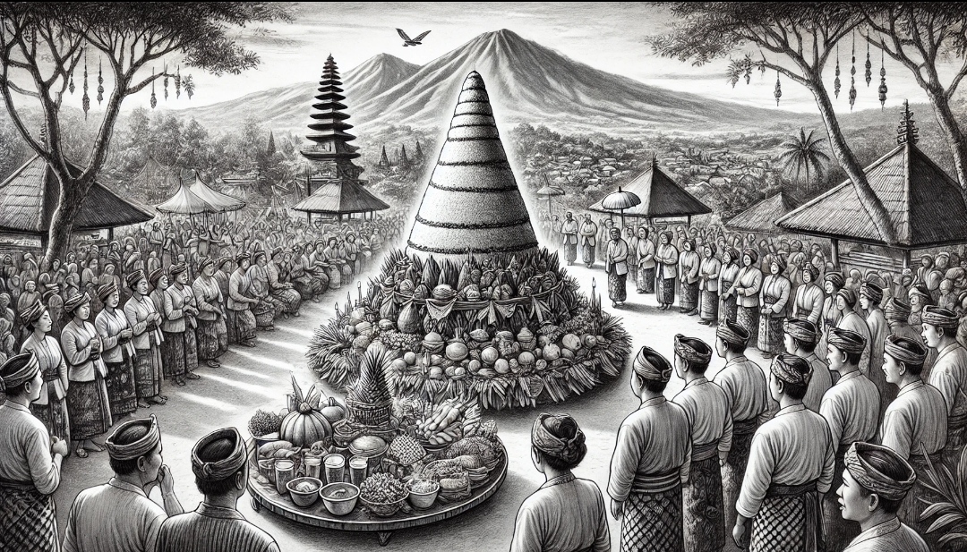Tumpeng tedak ripih tradisi larung sesaji di Telaga Sarangan, Magetan. (AI GENERATED-CHATGTP/JAWA POS RADAR LAWU)