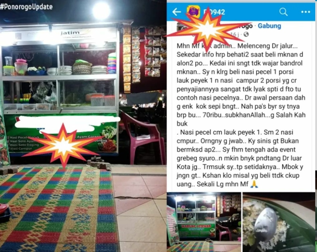 Pengunjung asal Madiun mengeluh getok harga makanan saat perayaan Grebeg Suro, viral hingga jadi sorotan. (Ig @ponorogo-update)
