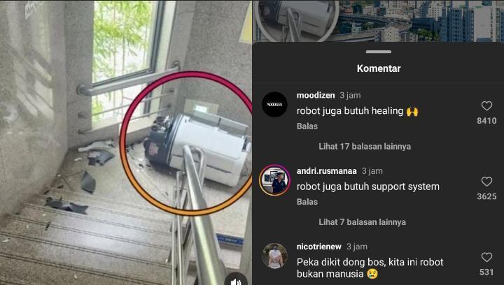 Viral postingan robot di sebuah perusahaan bunuh diri diduga kelelahan bekerja. (Ig @folkative)