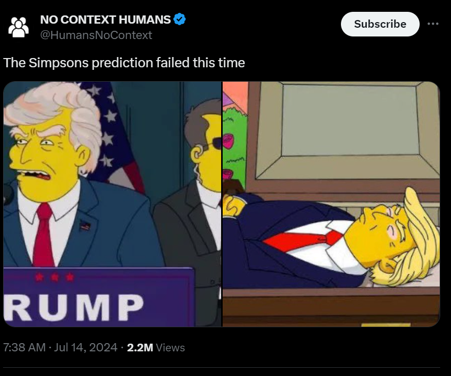 The Simspons jadi trending topic, ramalannya soal Trump meleset (X @HumansNoContext)