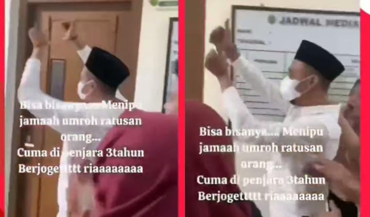 Detik detik video viral tersangka penipuan umrah berjoget di depan para korban usai mendengar hukumannya hanya 3 tahun. (kolase Ig @lambe_turah)