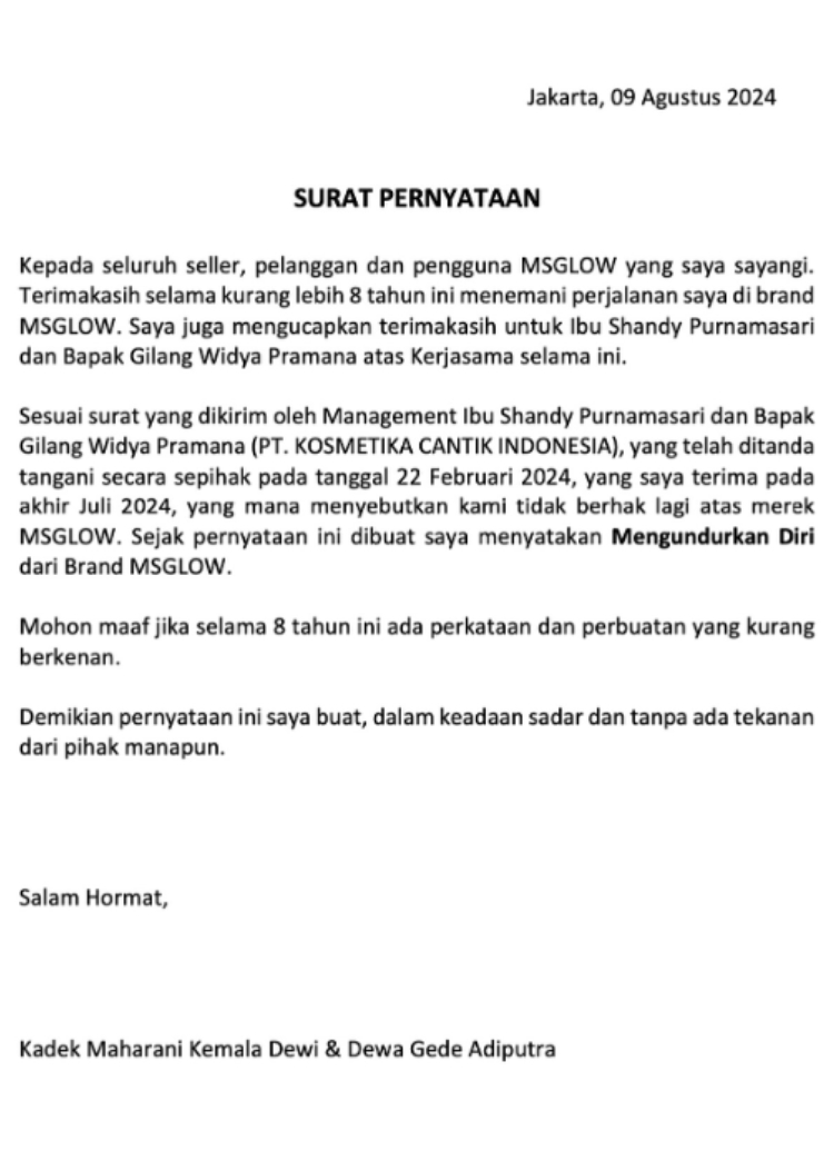 Surat pernyataan Maharani Kemala (IG @maharanikemala)