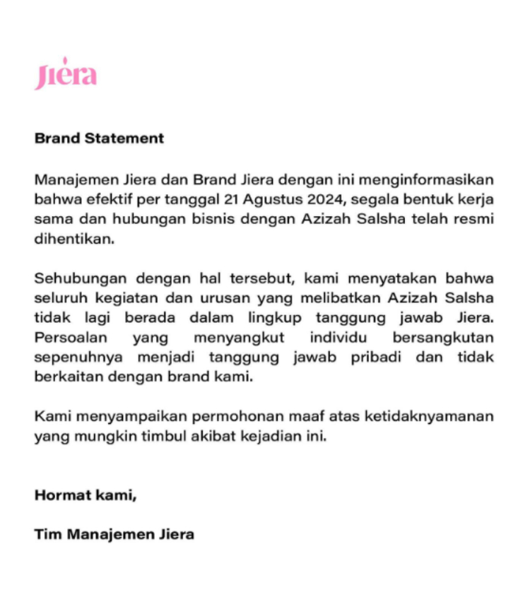 Brand kecantikan lokal Jiera memutus kerjasama dengan Azizah Salsha (Ig @jieraofficial)