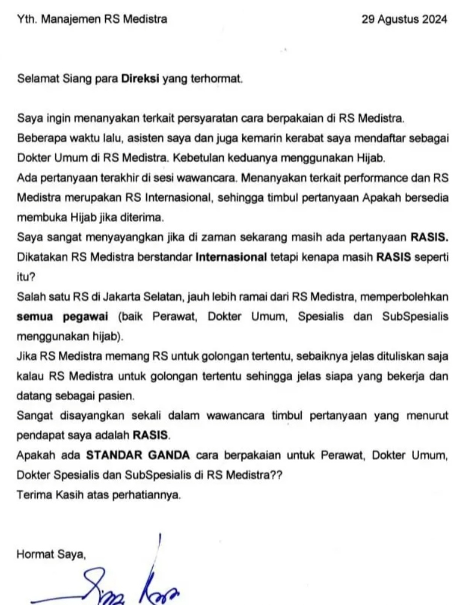 Dokter Diani Kartini Ungkap Dugaan Larangan Hijab di RS Medistra, Mundur Setelah 14 Tahun Bekerja. (X)