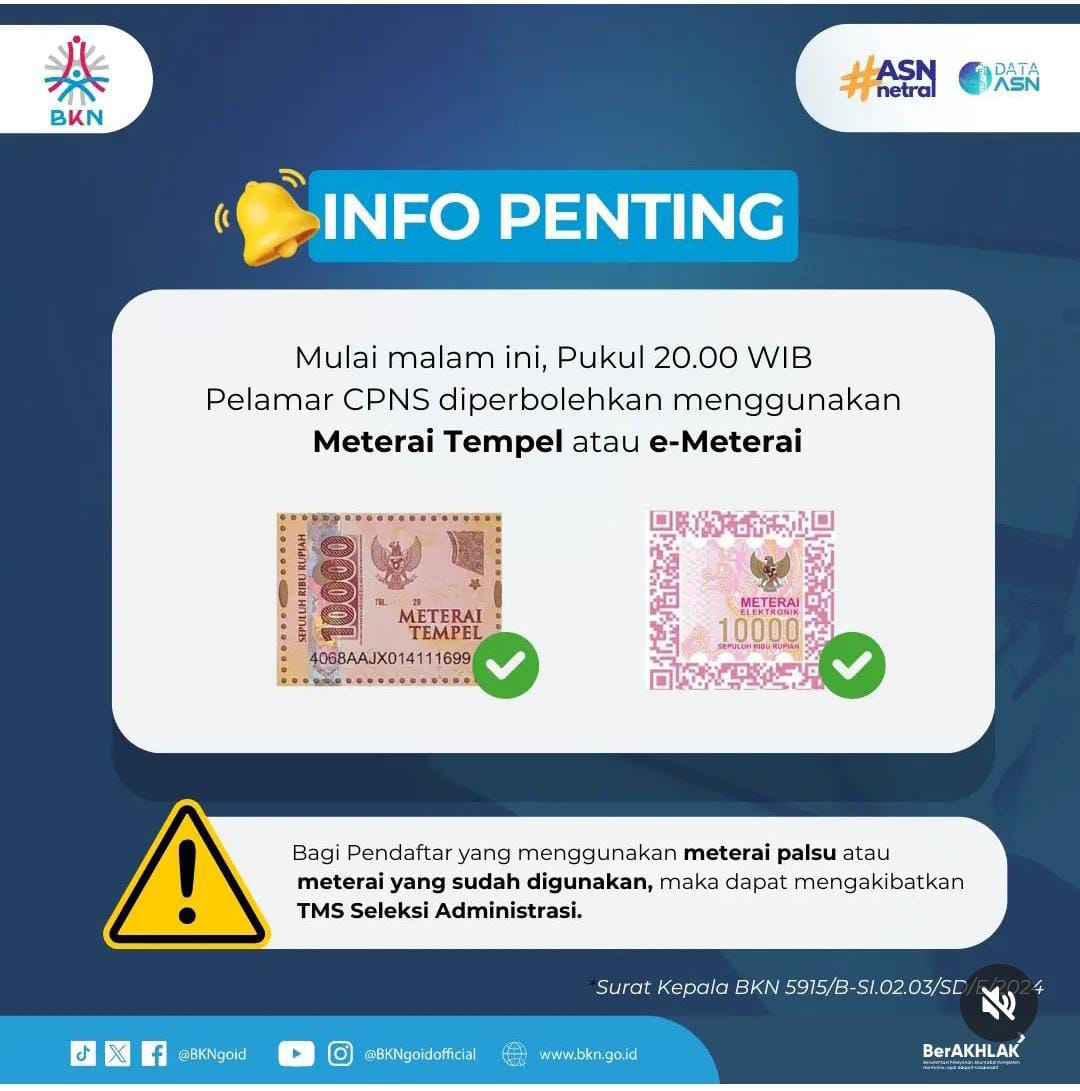 BKN Izinkan meterai tempel untuk pendaftaran CPNS 2024. (BKN)