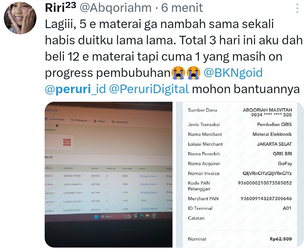 Viral pembelian e-meterai gagal padahal sudah melakukan pembayaran, netizen soroti Peruri, kendala besar pendaftaran CPNS 2024. (X)