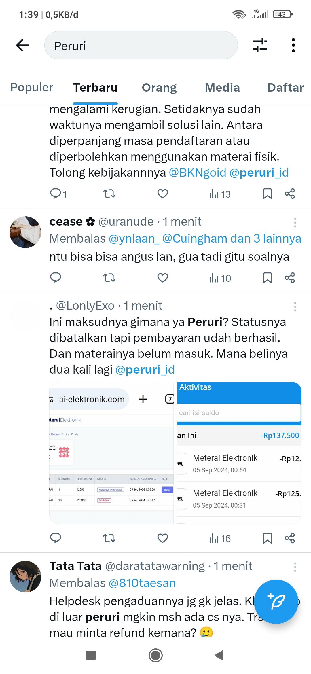 Gaduh pembelian e-meterai gagal di web Peruri, padahal sudah melakukan pembayaran, netizen minta perpanjangan masa pendaftaran CPNS 2024. (Twitter X)