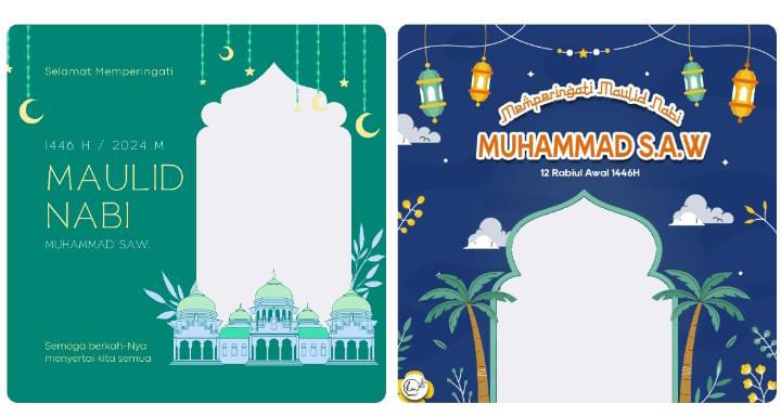 Menjelang Peringatan Besar Maulid Nabi Tahun 2024, berbagai model twibbon keren dengan berbagai tema siap menghiasi media sosial. (kolase Twibbonze)