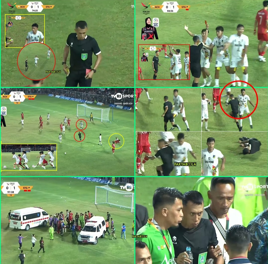 Momen wasit dipukul pemain dalam pertandingan Aceh vs Sulteng, laga 8 besar PON XXI. (CAPTURE)