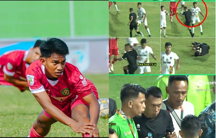Muhammad Rizki, pemain Sulteng yang pukul wasit saat pertandingan 8 besar lawan Aceh. (KOLASE ISTIMEWA)