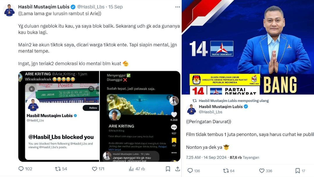 Profil Hasbil Mustaqim yang viral berseteru dengan Arie Kriting. (KOLASE TWITTER X)