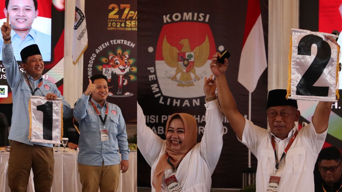 TERBUKA TERBATAS: KPU Ponorogo menggelar pengambilan nomor urut paslon bupati-wabup Pilkada Ponorogo 2024 di Gedung Sasana Praja kemarin (23/9/2024). (SUGENG DWI N./JAWA POS RADAR PONOROGO)