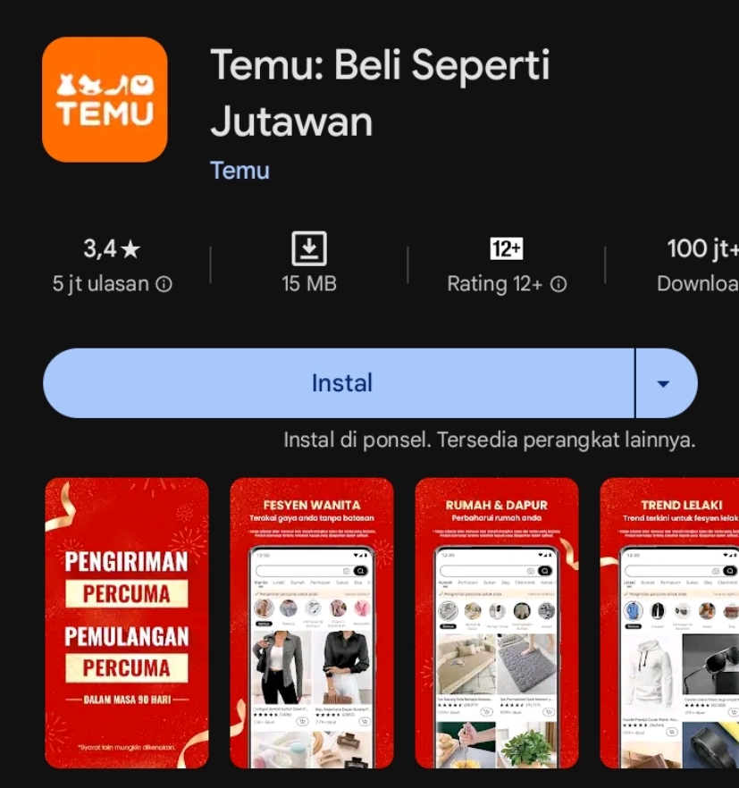 Temu, aplikasi belanja online dari Tiongkok. (CAPTURE GOOGLE)