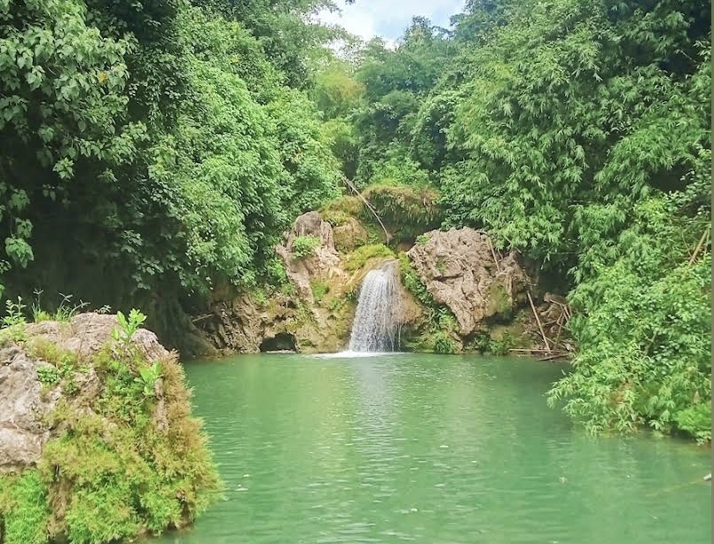 Keindahan alam di sekitar air terjun kian memikat dengan pepohonan hijau memberikan suasana tenang dan segar.