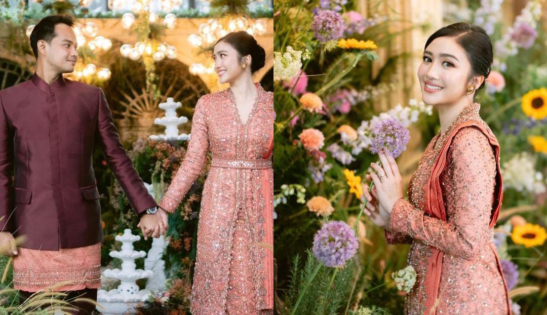 Resmi dilamar sang kekasih Drajad Djumantara, Febby Rastanty bagikan momen kebahagiaanya dengan nuasa kebaya warna peach bertabur manik. (Ig @febbyrastanty)
