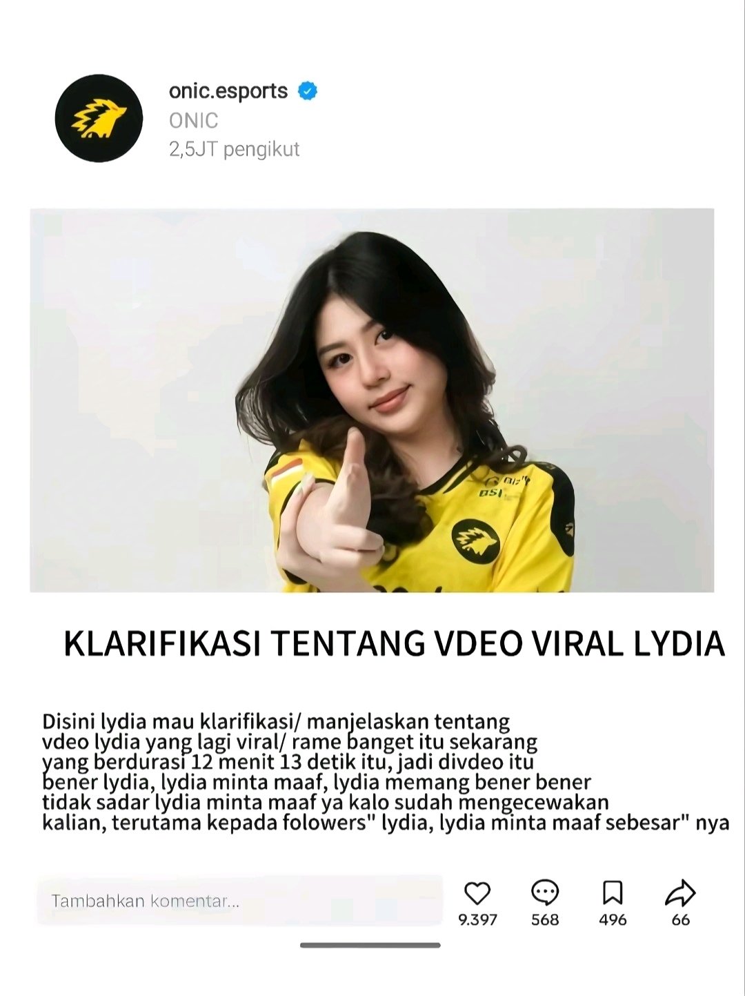 HOAKS: Belum ada klarifikasi dari akun resmi Twiitter (X) Onic Esports terkait link video viral Lydia Onic 12 menit 13 detik. (TWITTER X)