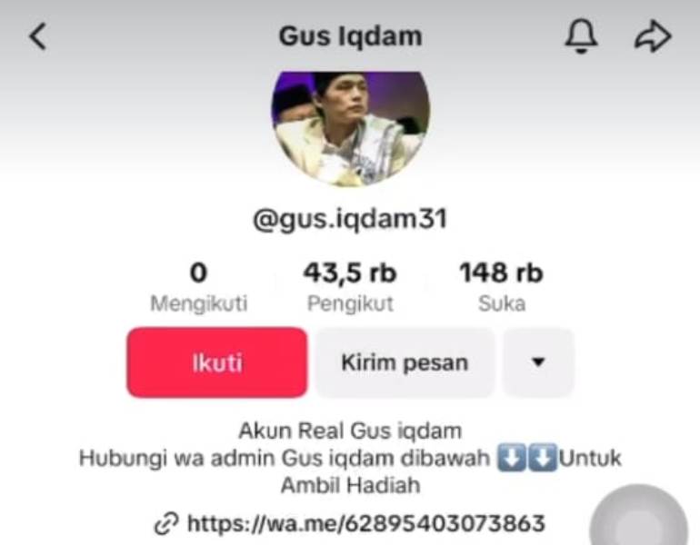 Akun palsu catut nama Gus Iqdam. (TIKTOK)
