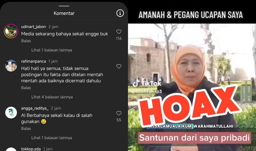 Khofifah tegaskan video janji santunan viral adalah hoax hasil manipulasi AI, bukan pernyataan dirinya. (Instagram)