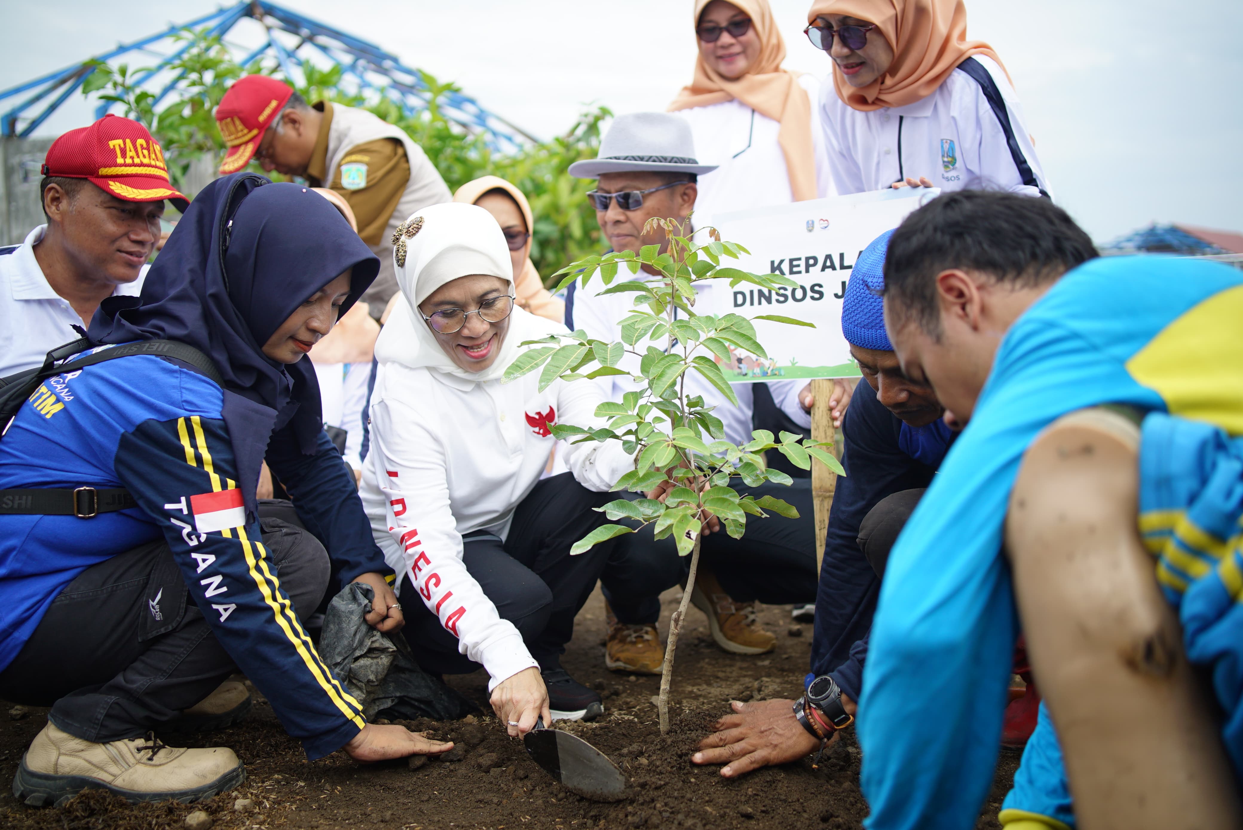 Kepala Dinsos Jatim Dra Restu Novi Widiani MM dalam kegiatan aksi tanam 6.500&nbsp;pohon serentak di 30 UPT&nbsp;Selasa 3 Desember 2024.&nbsp;