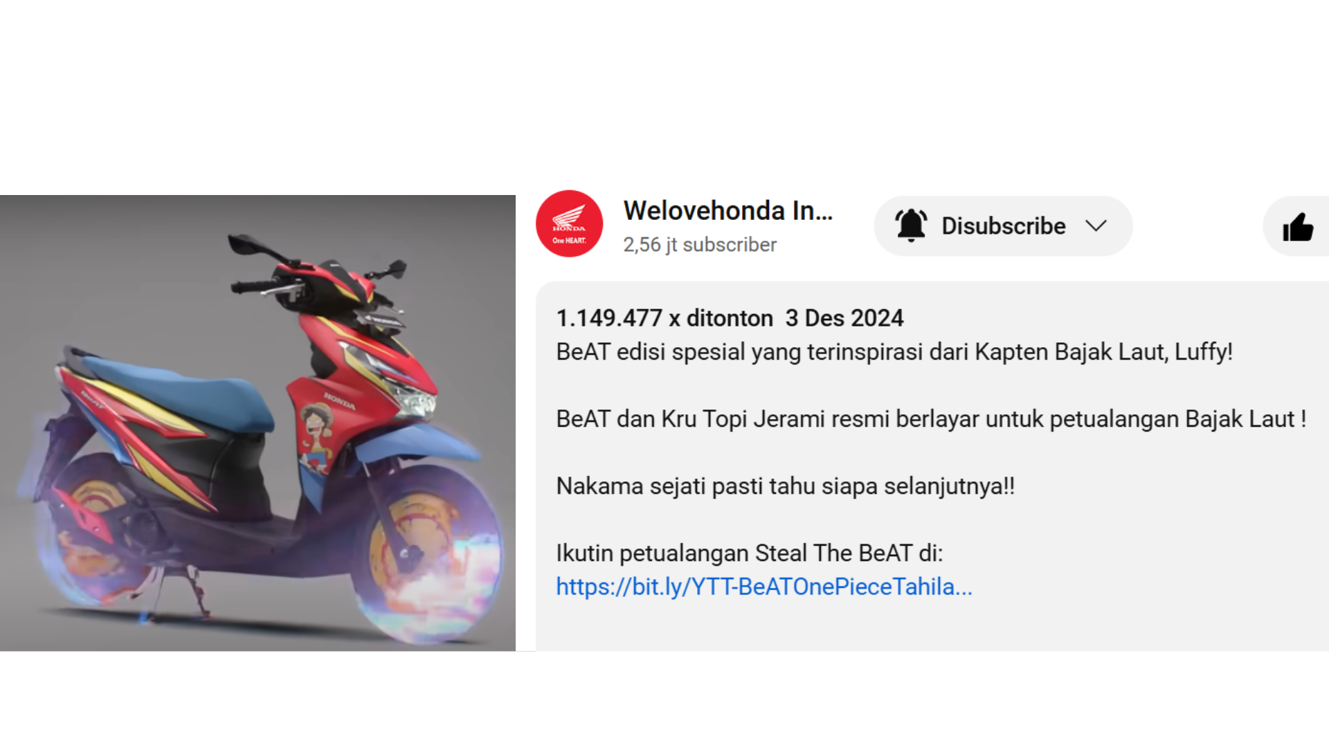 Kebahagiaan buat para Nakama penggemar One Piece. Honda Motor Beri Harapan Kejutan Lain