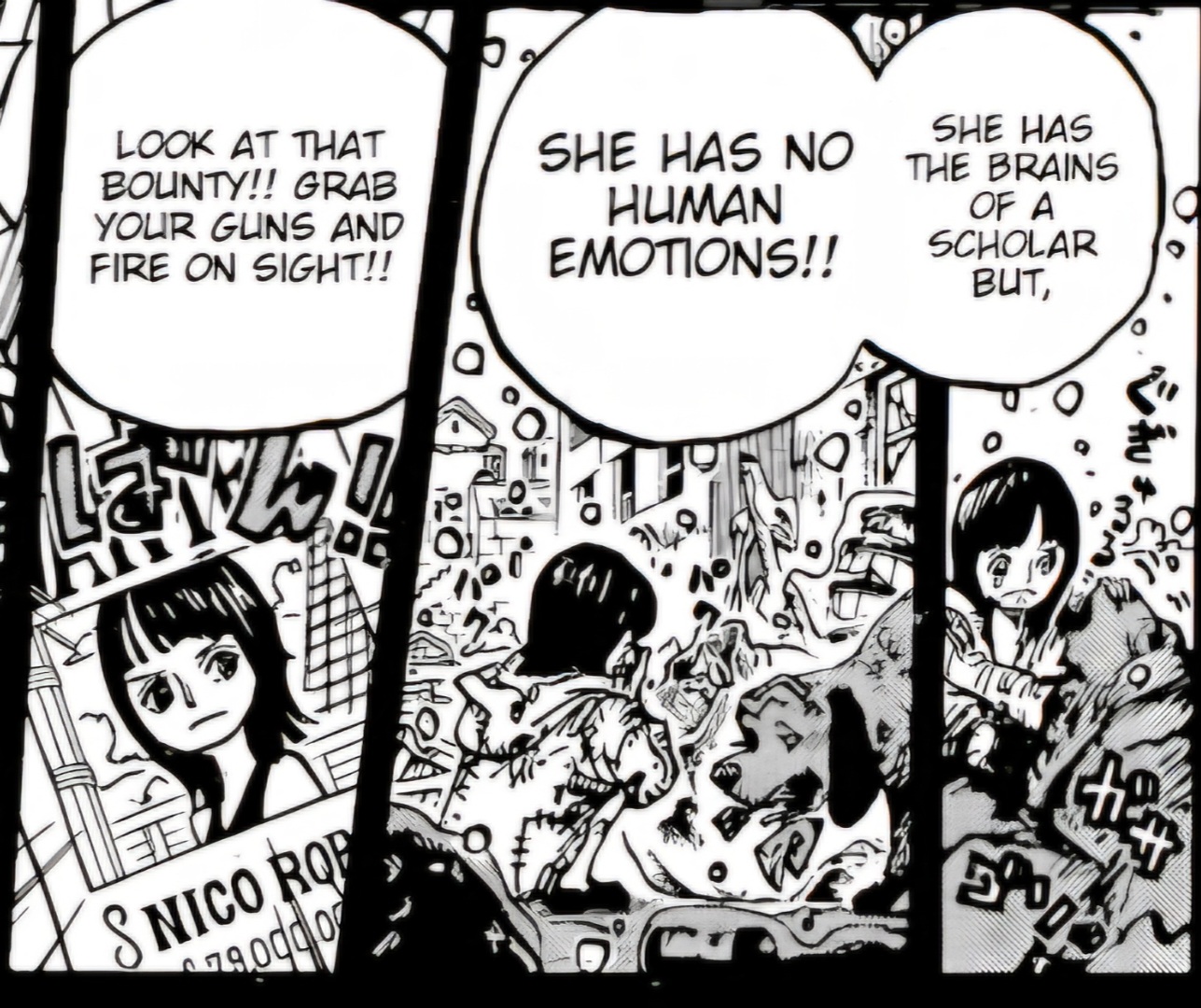 Robin mengais makanan di tempat sampah dalam cerita baca manga One Piece 1133 RAW.