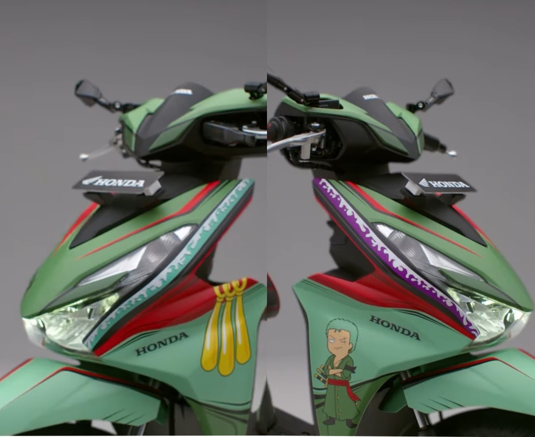 Kolase bagian depan motor Honda BeAT One Piece edisi Zoro