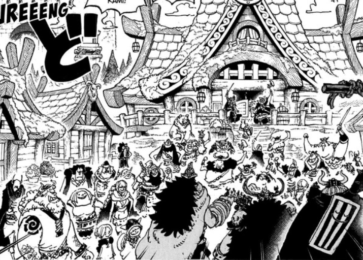 Pesta menyambut Luffy di Elbaph berdasarkan preview komik One Piece 1134.