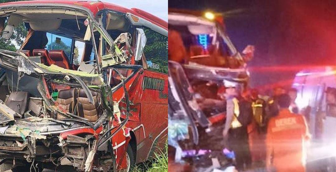 Kecelakaan maut di Tol Cipularang, bus peziarah tabrak truk, dua tewas, puluhan luka-luka akibat sopir diduga mengantuk.