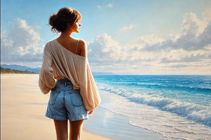 Ilustrai seorang perempuan sedang memulai slow living dengan cara menikmati pemandangan pantai.