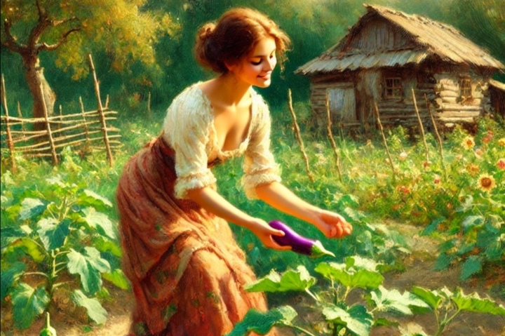 Ilustrasi seorang perempuan memanen terong, salah satu tanaman tahan hujan yang cocok untuk menjalani gaya hidup slow living.