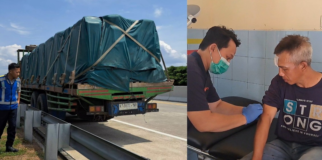 Truk yang terlibat kecelakaan dengan suporter menepi di ruas tol Magetan. Insert, sopir truk dirawat usai diduga dikeroyok para suporter.