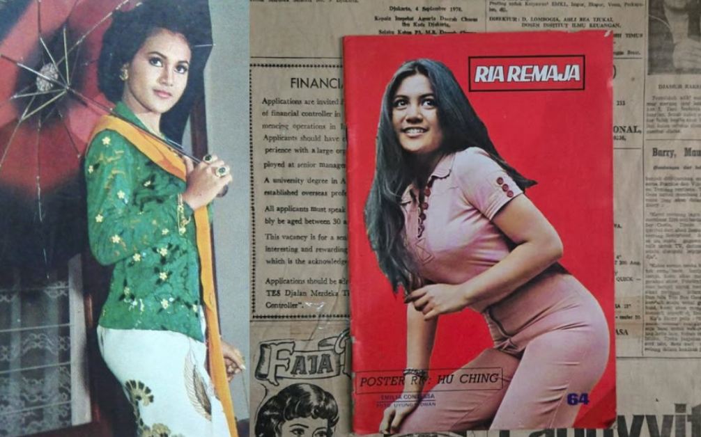 Emilia Contessa muda tenar hingga berjuluk Singa Panggung Asia dan dinobatkan top 5 artis dunia, salah satu kolase desain sampul majalah Ria Remaja.