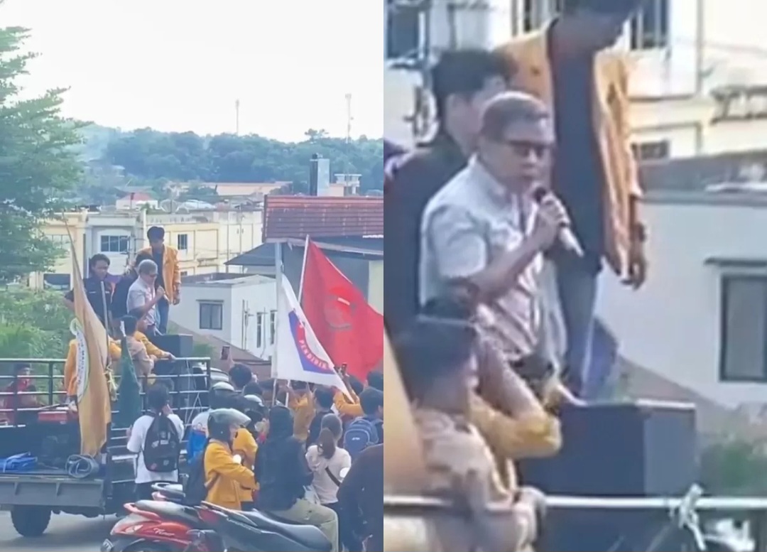 Rocky Gerung berorasi di depan mahasiswa UMKT.