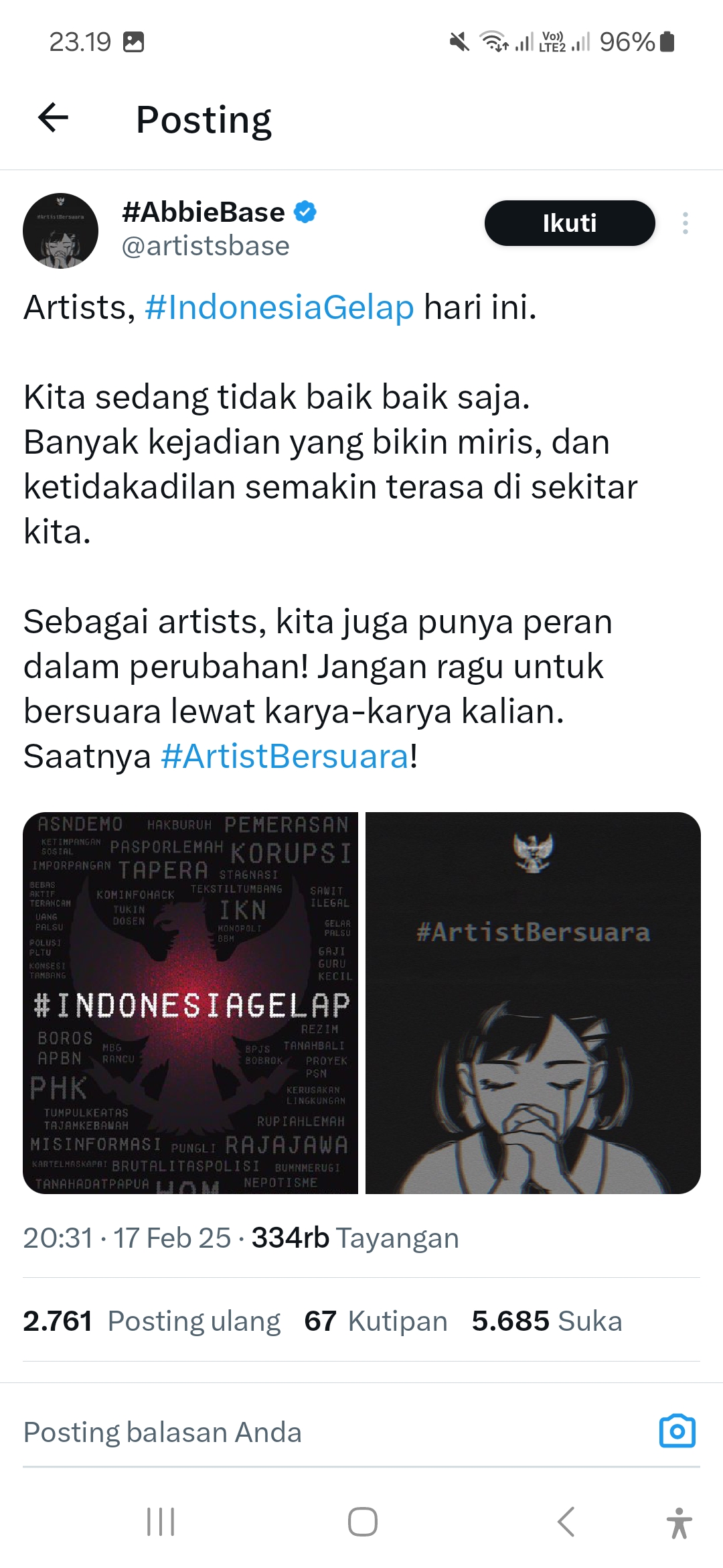 Trending tagar Artist Bersuara usai viral Indonesia Gelap.