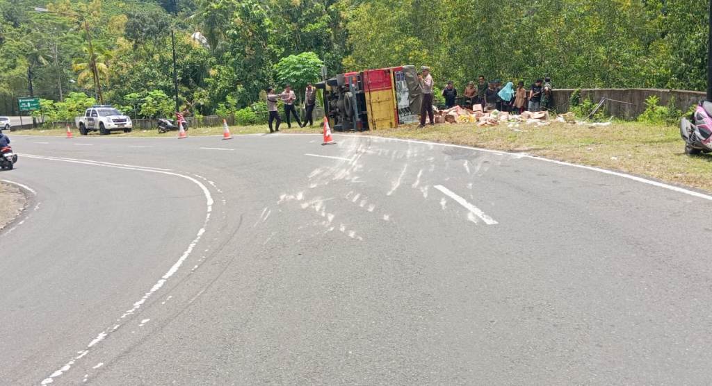 Truk muatan bahan sembako terguling di Tikungan Sedeng, jalur alternatif Pacitan-Pringkuku.