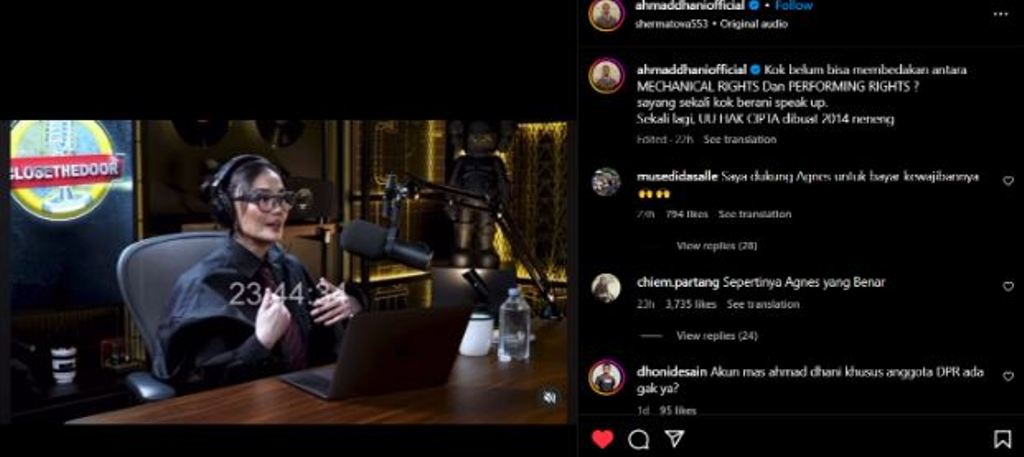 Unggahan Instagram Ahmad Dhani terkait kisruh royalti lagu Agnez Monica vs Ari Bias.