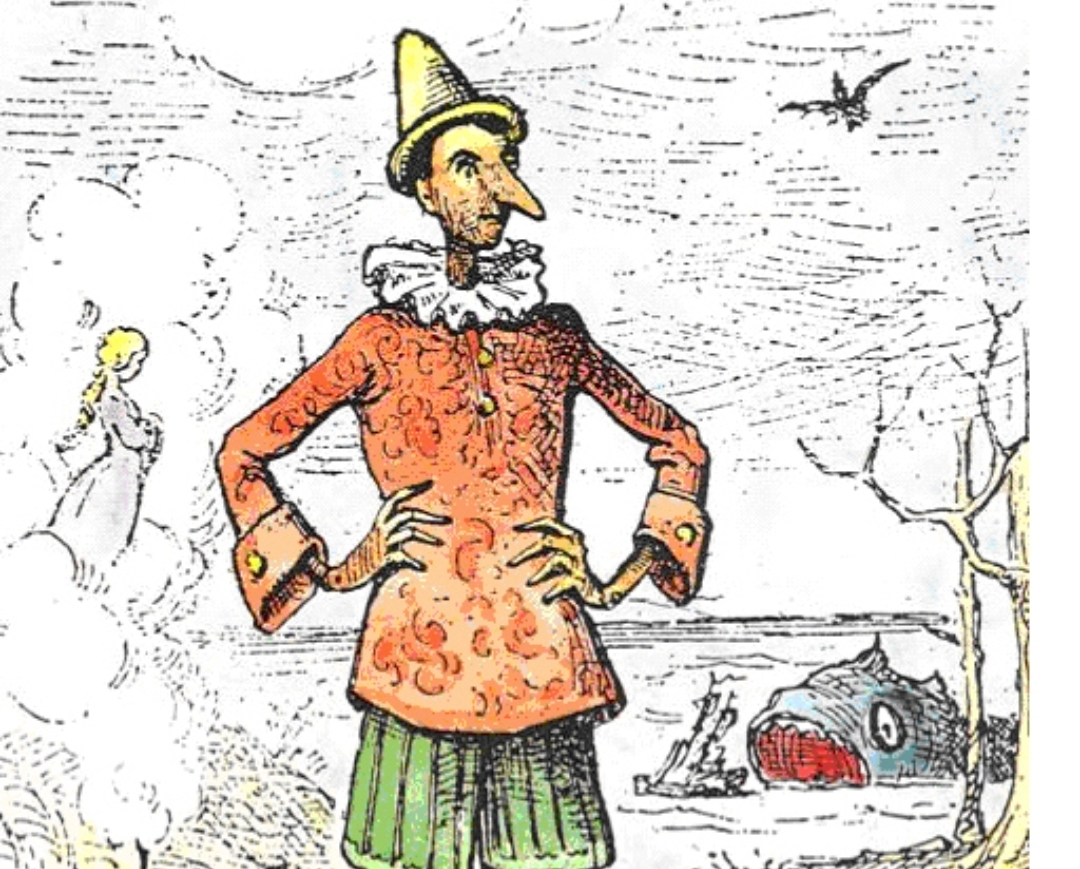 Ilustrasi pertama Pinokio yang digambar oleh Enrico Mazzanti pada 1883.