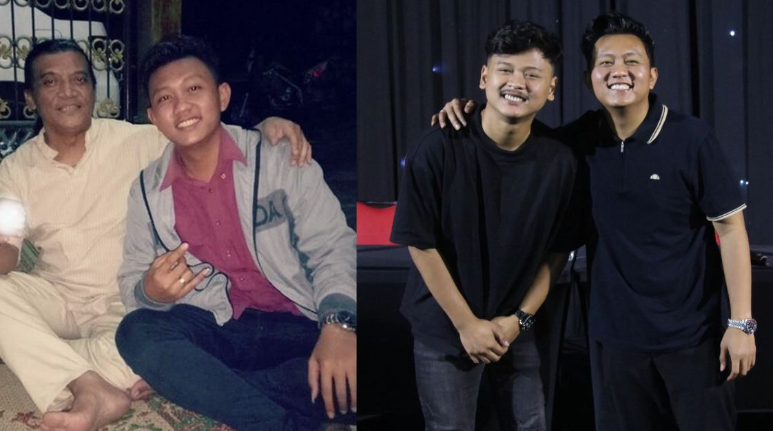 Foto kiri mendiang Didi Kempot merangkul Denny Caknan saat mulai meniti karier sebagai musisi, foto kanan Denny Caknan memproduseri Jasun Marju, seorang kuli asal Wonogiri.