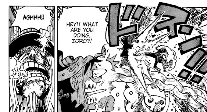 Zoro tendang Loki hingga kesakitan di baca manga One Piece 1141 RAW.