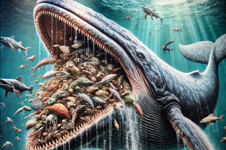Ilustrasi kisah Nabi Sulaiman dan seekor ikan paus raksasa.
