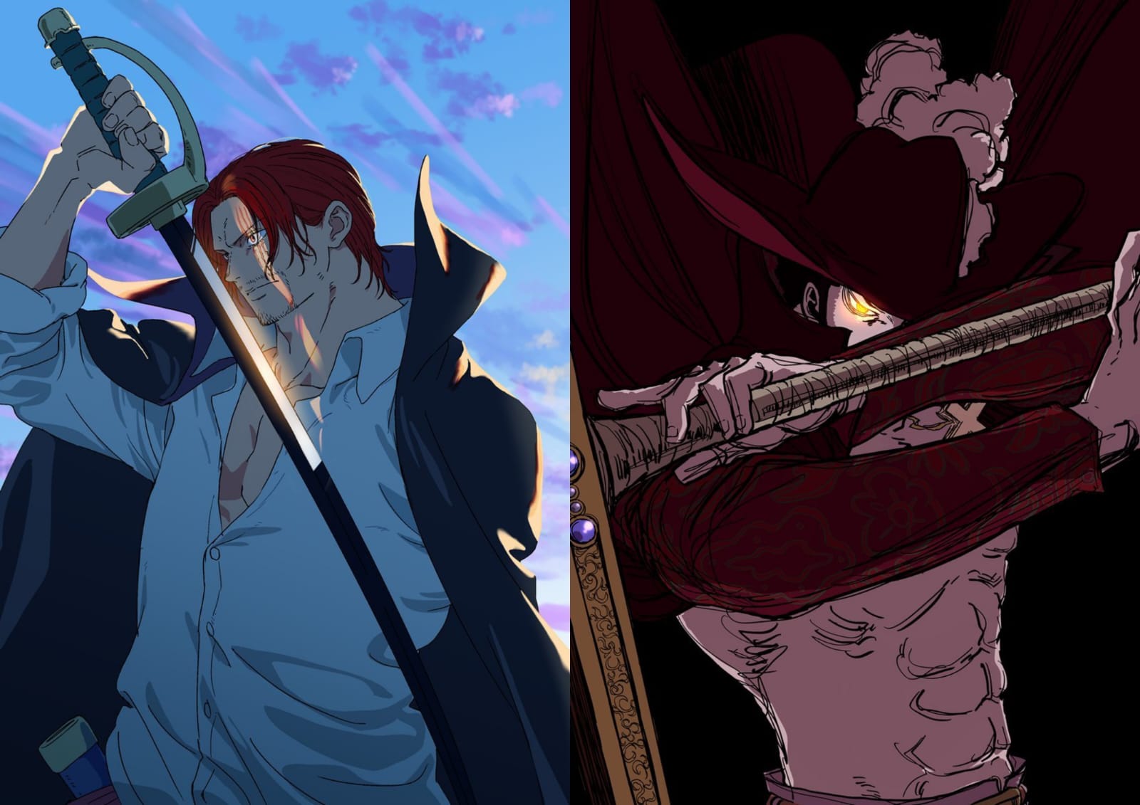 Ilustrasi Mihawk dan Shanks One Piece di hari ulang tahunnya.